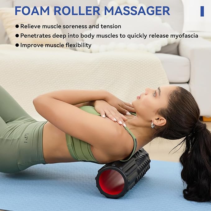 5 in 1 Foam Roller Set, High Density Foam Roller, Muscle Roller Stick, Massage Ball, Resistance Band for Physical Therapy & Deep Tissue Muscle Massage (Black)