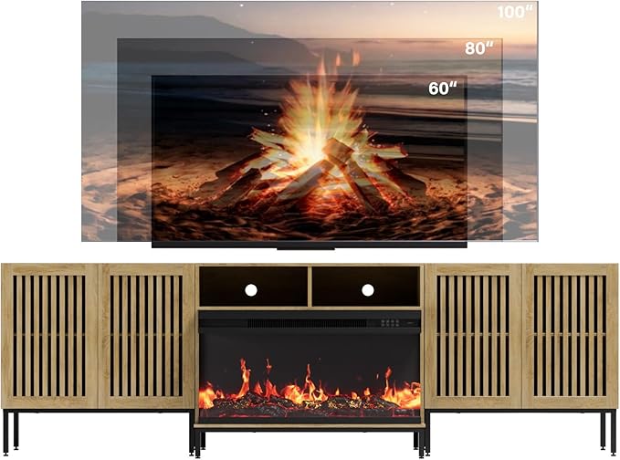 3-Sided Glass Farmhouse Fireplace TV Stand for TVs Up to 100 Inch, Entertainment Center with 36" Electric Fireplace, Oak TV Console with Storage Cabinets for Living Room