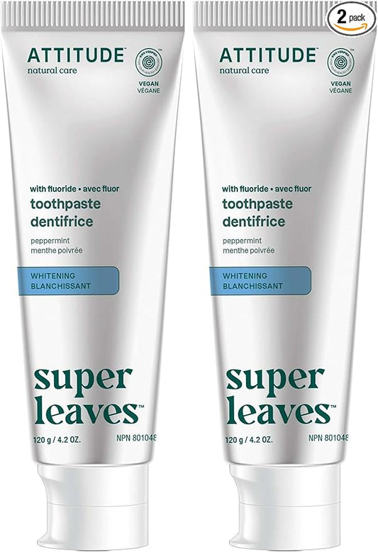 ATTITUDE Toothpaste with Fluoride, Prevents Tooth Decay and Cavities, Vegan, Cruelty-Free and Sugar-Free, Whitening, Peppermint, 4.2 Oz (Pack of 2)
