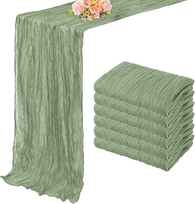 6 Pack Sage Green Cheesecloth Table Runner 10FT Rustic Gauze Fabric Cheese Cloth Table Runner for Wedding Bridal Baby Shower Table Decor 20 x 120 Inch Long Boho Sheer Birthday Party Table Decorations