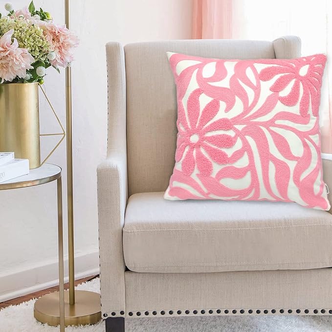 Alysheer Farmhouse Floral Leaves Embroidered Decorative Throw Pillow Cover 18x18 inches, Boho Tufted Flowers Embroidery Pattern Chic Cotton Cushion Case for Couch Bed Sofa Living Room(Light Pink)