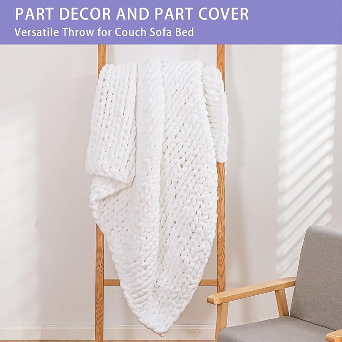 Bigacogo Chunky Knit Throw Blanket for Couch, 40x60 inches, 100% Hand Knitted with Thick Jumbo Chenille Yarn, Cozy Soft Large Rope Knot Cable Crochet Blankets for Sofa Bed Living Room, White