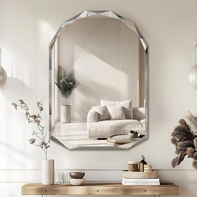 Bathroom Mirror for Wall, 30" x 40" Arched Mirror, Bathroom Vanity Mirrors, Beveled Edge Frameless Wall Mount Vanity Mirror, Wall Mirror Decorative, Irregular Beveled Edge Mirror