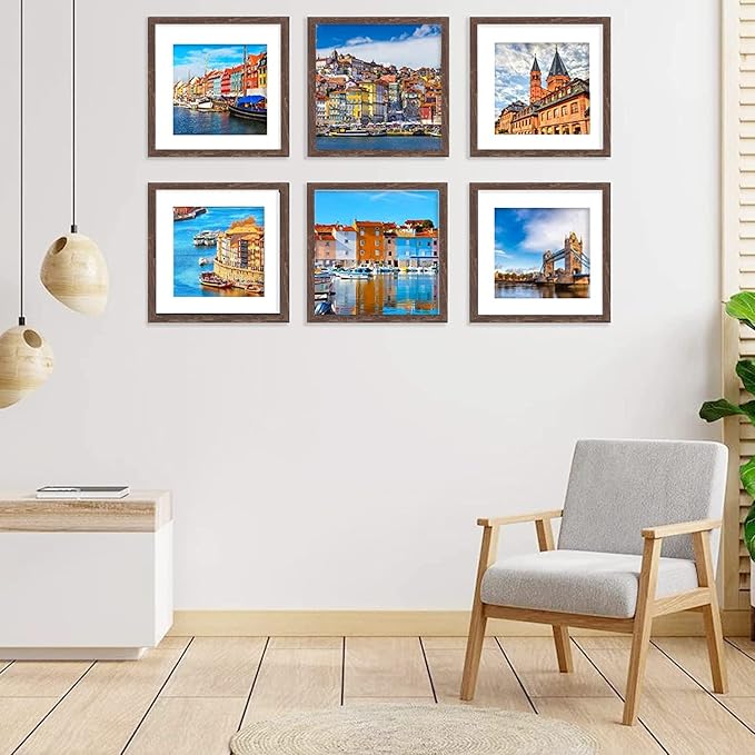 12x12 Picture Frame Set of 6, Display Pictures 8x8 with Mat or 12x12 Without Mat for Wall Mounting,Rustic Brown