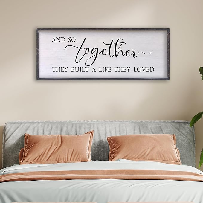 And So Together They Built A Life They Loved Sign Above Bed Wall Decor 24×10 Inch Master Bedroom Over Bed Wood Framed Wall Art (Black)