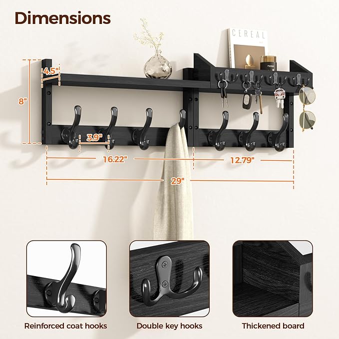 29" Coat Rack Wall Mount with Shelf, 4 in 1 Wall Mounted Coat and Key Hanger with 11 Hooks, Entryway Key Holder with Mail Holder for Living Room, Bedroom, Black