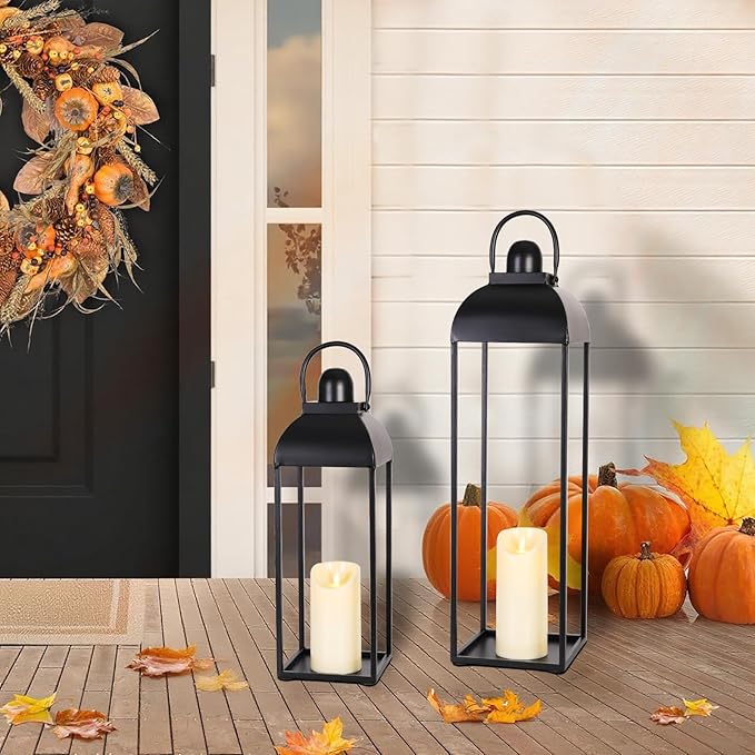 25'' 19'' Lanterns Decorative Outdoor Indoor, Black Metal Outdoor Candle Lanterns, Set of 2 Modern Farmhouse Decorative Lantern for Fireplace, Patio, Porch, Floor, Halloween Lantern (No Glass)