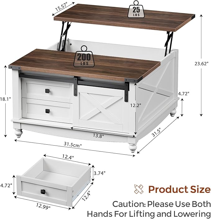 31.5" Lift Top Coffee Table with Storage, Farmhouse Coffee Tables for Living Room, Square Coffee Table with Large Hidden Storage Compartment, 2 Drawers & Removable Shelves, White