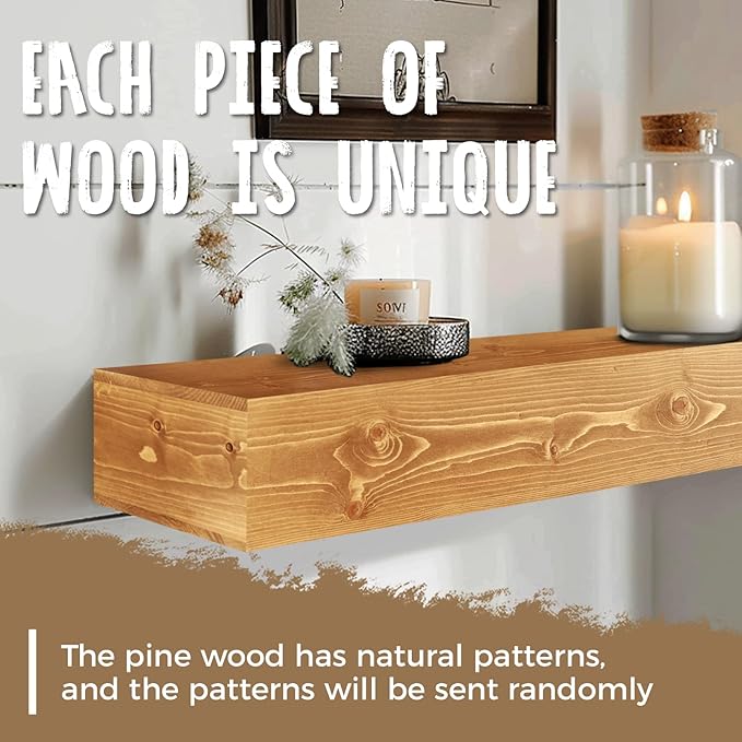 60x8x5 Fireplace Mantel - Handcrafted Rustic Solid Wood Wall Mounted Floating Shelf with Invisible Heavy Duty Wood Bracket (Natural)