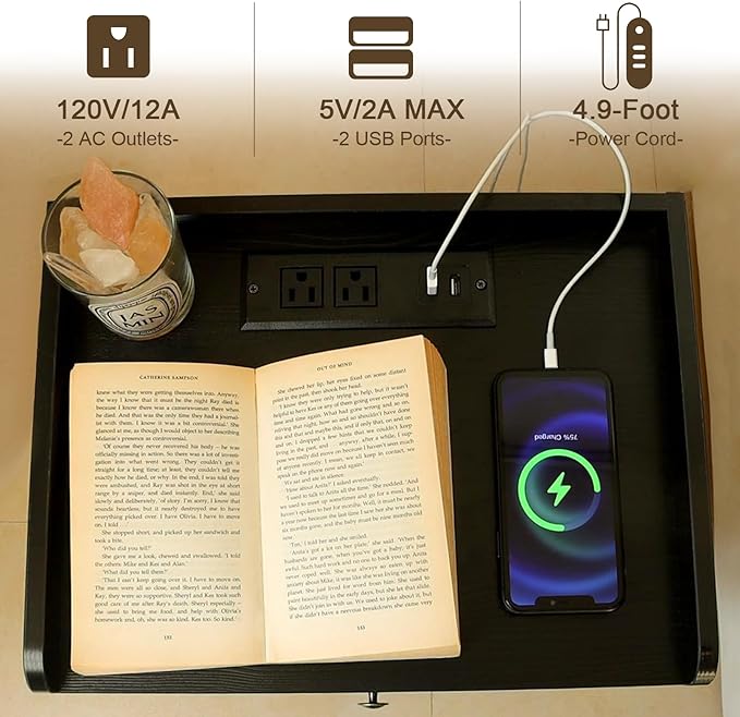 AWASEN Black Nightstand with Charging Station, Modern Bedside Table with Glass Decorative Drawer, Small End Table Side Table with 2 Tiers Storage Space, for Bedroom, Office and Small Space (Black)