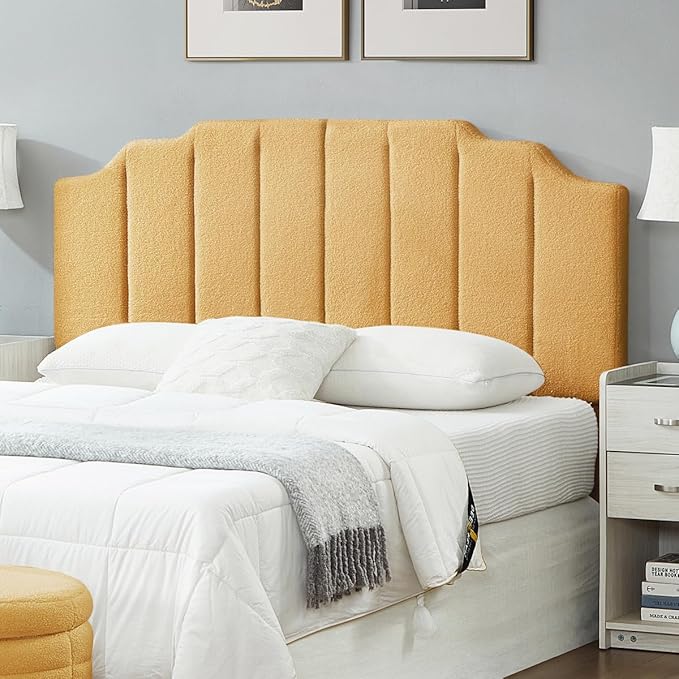 24KF Yellow Teddy Fabric Tufted for Queen Upholstered Headboard, Modern Vertical Channel Design Full Headboard with Stepped Silhouette Top Edge,6026-Q-Teddy Yellow
