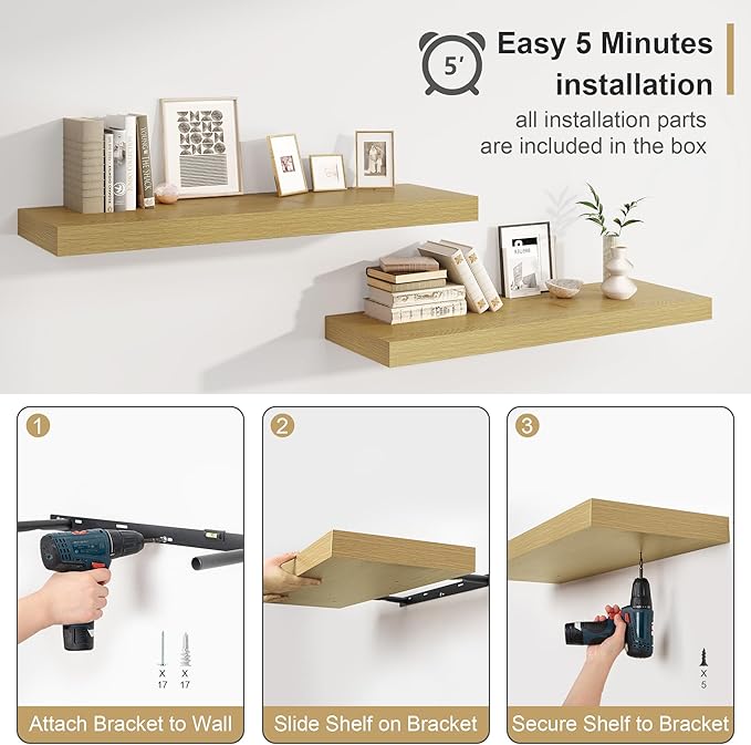 12" Deep Bathroom Floating Shelves for Wall Shelf Over Toilet Wall Mounted Farmhouse Long 55 inches Set of 1, Farmhouse Shelves with Invisible Brackets for Living Room, Kitchen, Bedroom,Oak