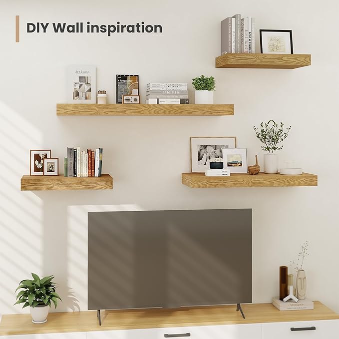 Heimlove 12" Deep Floating Shelves, 36 x 12 Inch Wall Mounted Long Floating Shelf with Invisible Brackets, for Home Decor, Bedroom, Kitchen, Living Room, Bathroom - 2 Pack, Oak
