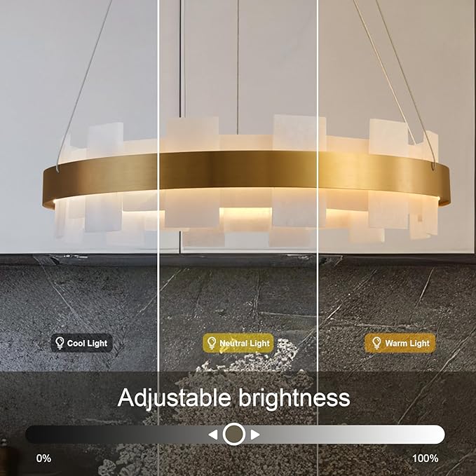 20" Natural Spanish Alabaster Round Chandelier, Adjustable Large Chandeliers for Living Room Over Table, Modern Luxury Alabaster Stone Chandelier for Drawing Room, Bedroom, Hallway, Foyer