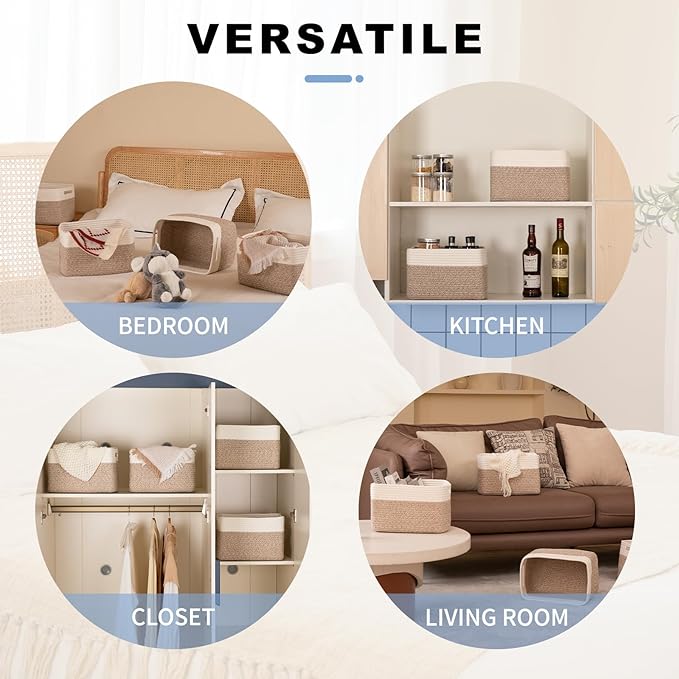 4 Pack Storage Baskets for Organizing, Woven Baskets for Shelves - Perfect for Toys, Books, Towels, and Clothes, Durable Gift Basket Bins Toy Storage, 12.7''Lx9''Wx7.8''H, Brown & White