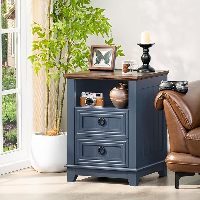 18" Farmhouse Night Stands Set of 2 with Charging Station, 2 Drawers End Table Dresser for Bedroom, Blue Wooden Nightstand, Bed Side Table with Open Shelf, Bedside Cabinet for Living Room