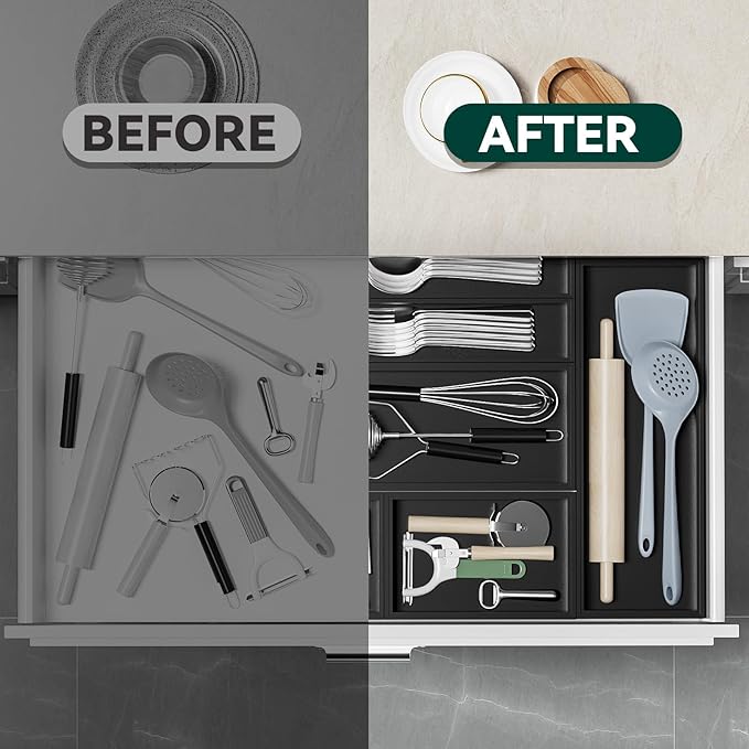 Bamboo Drawer Organizer, Small Silverware for Kitchen Drawer, Stackable Utensil Organizer, 2 Pcs Flatware Organizer, Wooden Storage Box Tray (Black, 6 X 3 X 2 Inch)