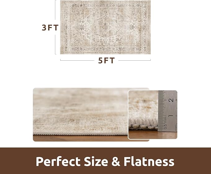 AMOAMI-3X5 Area Rug-Soft Washable Vintage Throw Accent Rugs for Living Room, Entryway, Bedroom, Kitchen, Bathroom, Laundry Room, Kitchen, Bathroom, Bedside, No Slip Beige