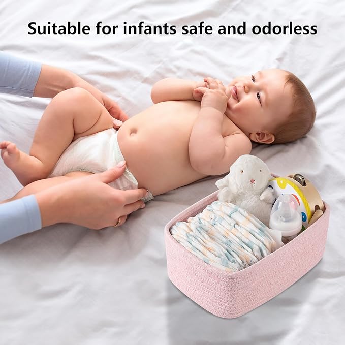 4 Pack Small Storage Shelf Baskets for Organizing, Mini Woven Rope Storage Bins for Towels, Cute Decorative Closet Organizer，Baby Nursery, Gift Empty Baskets -11.81''Lx7.87''Wx4.72''H-Pink