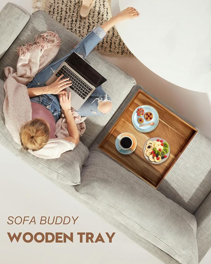 20 Inches Square Acacia Wood Ottoman Tray, Extra Large Wooden Serving Tray with Handles for Living Room, Serving Food Breakfast, Ottoman Coffee Table Couch Sofa Kitchen