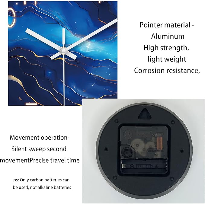 Blue Glass Wall Clocks Battery Operated 20 Inch Marble Large Wall Clocks for Living Room Round Non Ticking Wall Clock Silent