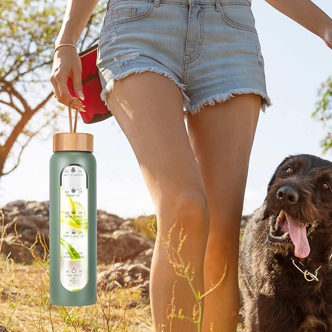 Aqulea Glass Water Bottles 25 Oz with Silicone Sleeve - BPA Free Reusable Wide Mouth Glass Motivational Water Bottles with Fruit Infuser – Leak Proof Borosilicate Water Bottle with Time Marker (Green)