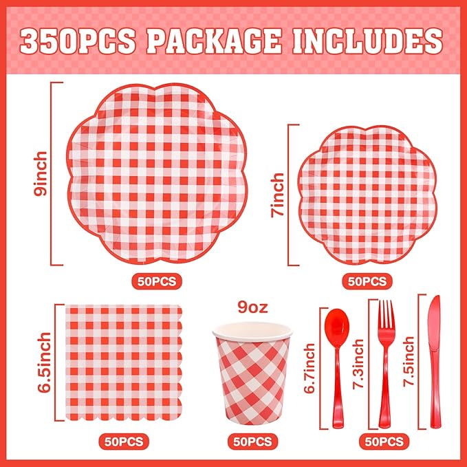350 Pcs Red Gingham Plates and Napkins Party Supplies - Red and White Checkered Plates Sets Serve 50 Guests - Scalloped Gingham Paper Plate for Birthday Picnic Wedding Christmas Party Decorations