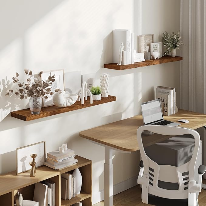 BAMEOS Floating Shelves, American Oak Wall Mounted Wooden Shelves with Invisible Brackets Set of 2, Hanging Wall Shelves Decoration for Bedroom, Bathroom, Living Room and Kitchen