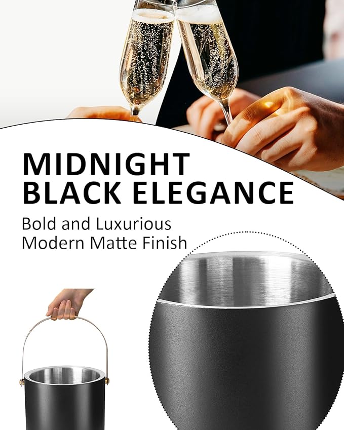 3L Ice Bucket with Silicone Lid, Scoop, Gold Tongs & Strainer, Stainless Steel Double Wall Insulated Ice Buckets for Parties & Cocktail Bar, Outdoor Champagne Ice Container Bin, Black