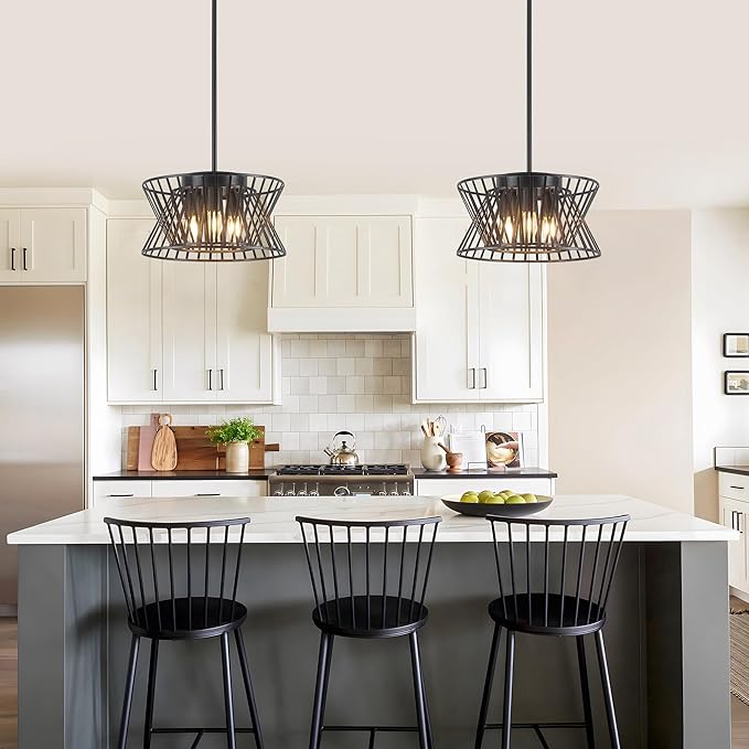 3-Lights Black Pendant Light Vintage Geometric Chandelier Light Fixture Adjustable Metal Lighting Fixtures for Kitchen Room Dining Room Foyer