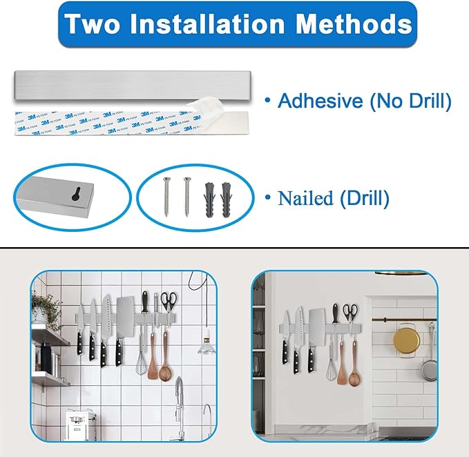 17.5" Magnetic Knife Holder for Wall with Hooks - No Drill Adhesive Mount - 304 Stainless Steel Knife Magnetic Strip