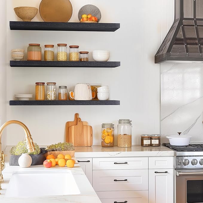 BAYKA Floating Shelves for Wall, 36 inches Long Wall Mounted Rustic Wood Shelves for Bathroom, Bedroom, Living Room, for Books/Storage/Decor with 30lbs Capacity（Black,Set of 3