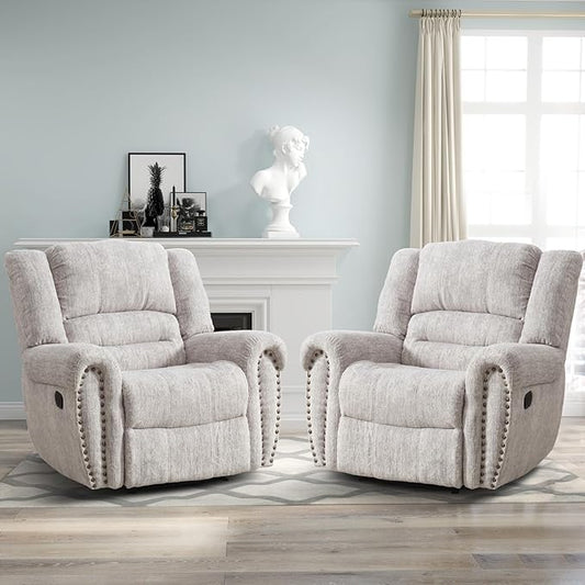 CANMOV Manual Recliner Chair Set of 2, Classic and Traditional Manual Recliner Chair with Comfortable Arms and Back Single Sofa for Living Room, White Grey