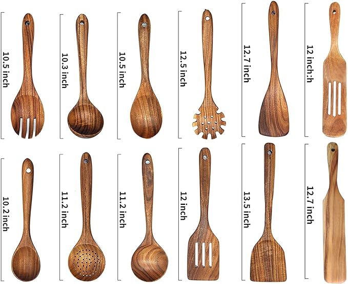 12 Pack Wooden Spoons for Cooking - Natural Teak Kitchen Utensils Set with Spatulas