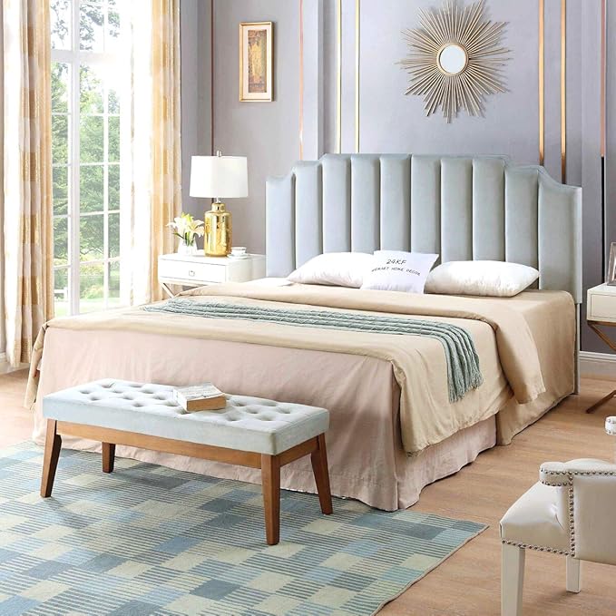 24KF Steel Gray Velvet Tufted King Upholstered Headboard, Modern Vertical Channel Design California King Headboard with Stepped Silhouette Top Edge, Steel Gray