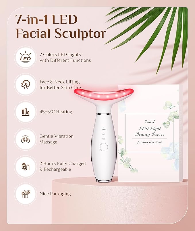 7 Color Galvanic Machines - Red Light Therapy for Face and Neck, Face Massager Tool for Wrinkles, Double Chin, Vibrating Facial Massager with Thermals, White