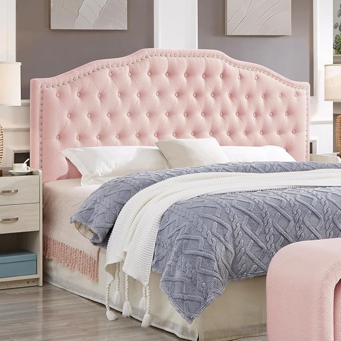 24KF Upholstered Button Tufted King Size Headboard with Nailhead Trim, Elegant Boucle Fabric California King headboard, 6031-K-Boucle-Pink