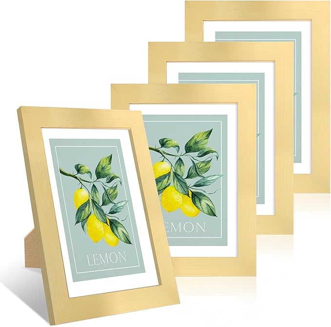 5x7 Picture Frame Set of 4, 5 x 7 Wood Photo Frames with Mat for 4x6, Wooden Frame with Real Glass Cover for Wall and Tabletop Display,Gold