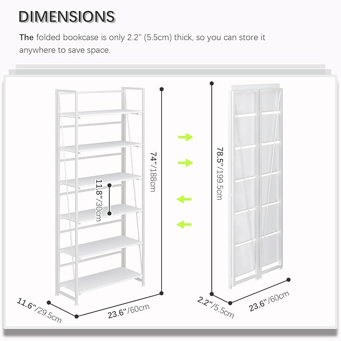 4NM No Assembly Foldable Bookshelf, 6-Shelf Collapsible Bookcase Storage for Small Spaces, 74" H, All White