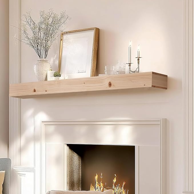 60x8x3 Fireplace Mantel - Handcrafted Hollow Rustic Solid Wood Wall Mounted Floating Shelf - DIY Color - with Invisible Heavy Duty Wood Bracket