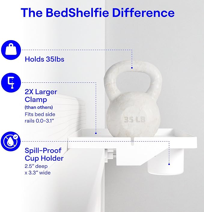 BedShelfie Bedside Shelf for Bunk Bed & Top Bunk, College Dorm Room Essentials, Clip On Nightstand, Bed Side Table Tray Organizer - Cup Holder, White