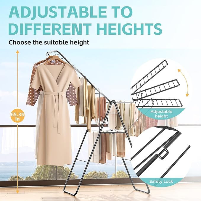 APEXCHASER Clothes Drying Rack, Oversized Drying Rack Clothing with Height-Adjustable, Foldable Gullwings Metal Laundry Rack, Indoor Outdoor Use, No Assembly, Black