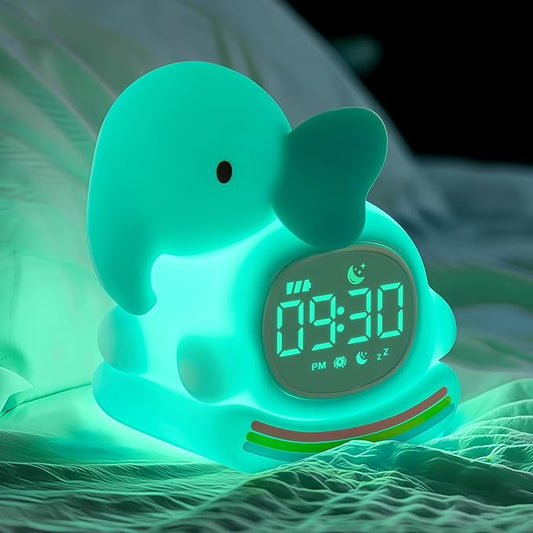 Alarm Clock for Kids with Night Light, Sleep Training Clock Time to Wake Clock, Rechargeable Silicone Light for Bedroom, Perfect Sleep Companion for Boys Girls, Green Elephant