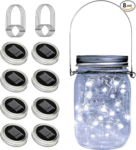 8 Pack Fairy Star Firefly Jar Lids Lights,Solar Fairy String Lids Lights（No Jars）,Waterproof Lantern Mason String Solar Lights with Hangers for Regular Mouth Jars Christmas Gifts(Cold White)