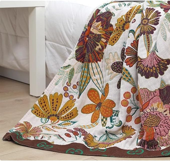 Boho Muslin Blanket for Adults 4-Layer Gauze 80 x 90 Inches Soft Cozy 100% Cotton Summer Cooling Blanket Colorful Floral Decor for Sofa Bed Coverlet Both Sides (A Summer Floral, 80 x 90 in)