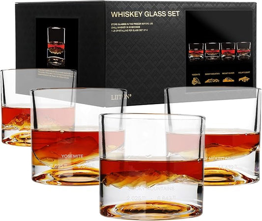 American Peaks Heavy Crystal Whiskey Glasses Gift Set of 4, Thick Freezable Bourbon Glass 1lb Each, Premium Whiskey Gifts for Men, Frozen Crystal Chills Cocktails, 10 oz