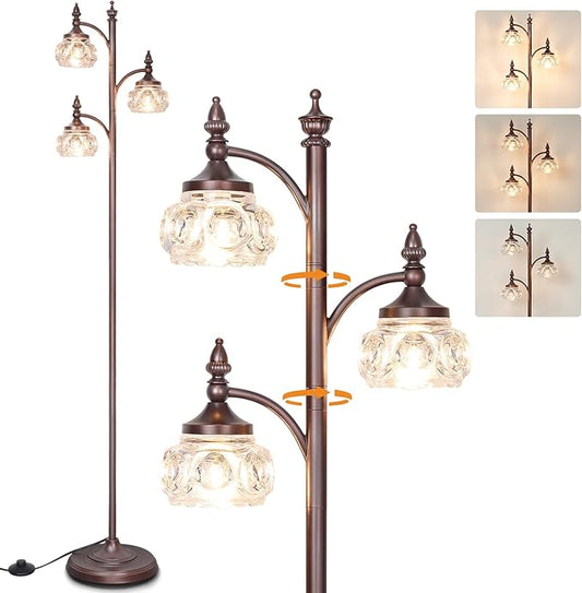 Brown Tree Floor Lamps for Living Room 66.5'' Standing Lamp with 3 Rotatable Lights Glass Shade Modern Lamp for Living Room Bedroom Office(3LED Bulbs Included)