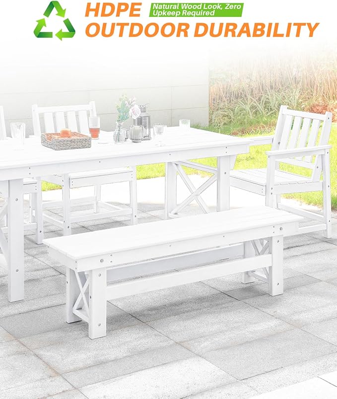 HDPE Outdoor Dining Set of 6, Patio Dining Table Set with 4 Chairs and 1 Bench, 6 Pieces HDPE Dining Set with Umbrella Hole, Outdoor Furniture Sets for Deck, Poolside, Garden, Pearl