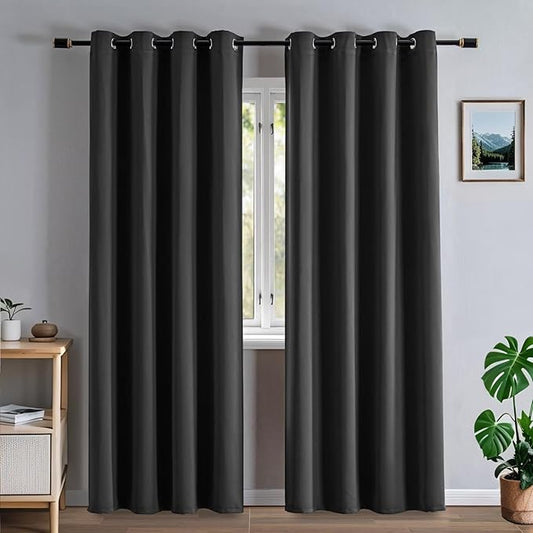 Blackout Curtains 90 Inch Length for Bedroom, Thermal Insulated Blackout Curtains 2 Panels Set, Solid Grommet Privacy Room Darkening Drapes for Living Room Windows(W52 x L90, Dark Grey)