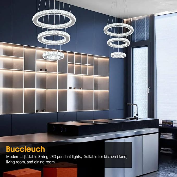 Buccleuch LED Crystal Chandeliers, Dimmable LED Pendant Light Fixture 3-Ring Adjustable Stainless Steel Ceiling Light, Silver Crystal Chandeliers for Dining Room, Bedroom, Living Room - ETL Listed